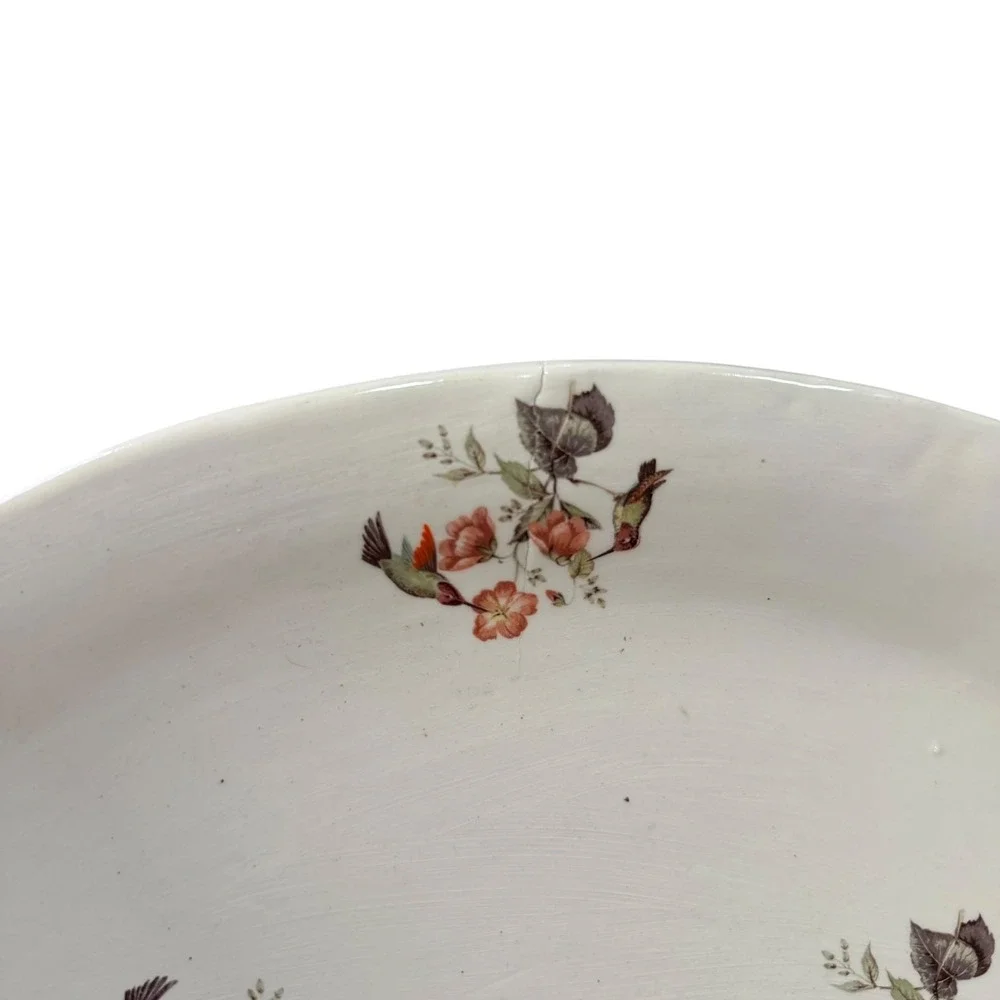 WHN Studio Pottery Hummingbird Floral Oval Serving Platter 13 Inch White 2012